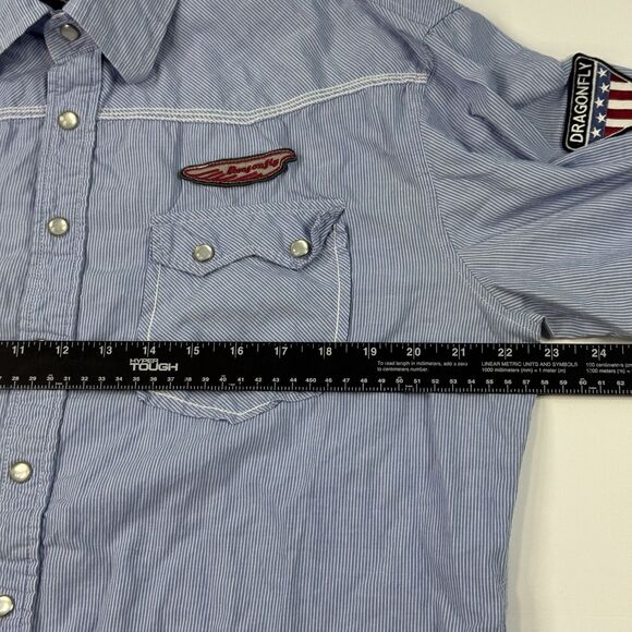 Dragonfly Mens Y2K Patched AOP Button Down Shirt Blue Stripe Pearl Snap‎ Size L - Picture 8 of 9